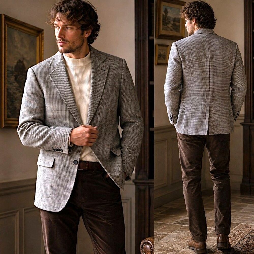 Vtg Men 42L Wool Tweed Blazer Gray Herringbone Donegal Heritage USA Ivy Academia